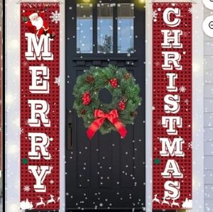 New Merry Christmas Banner Set Buffalo Plaid Photo Op Decoration